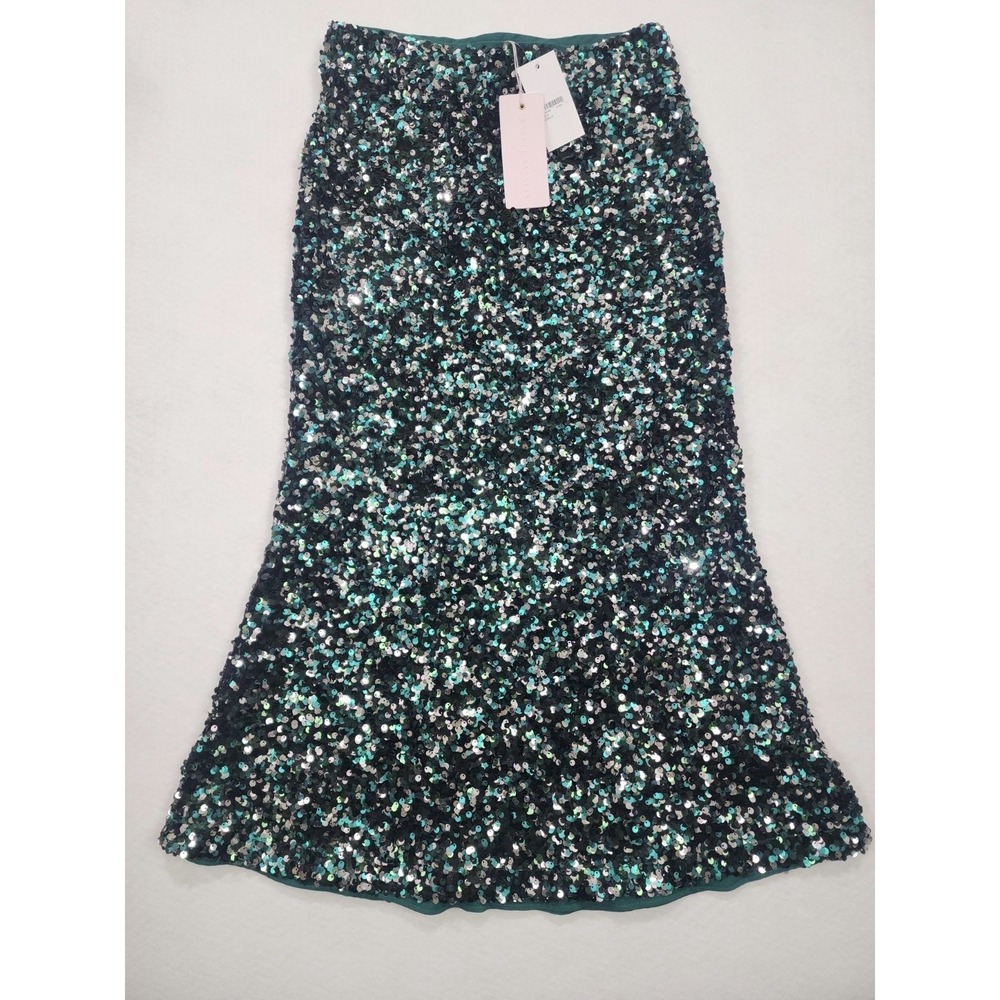 Rachel Parcell Sequin A Line Maxi Skirt Womens XS Emerald Green Party Cocktail
